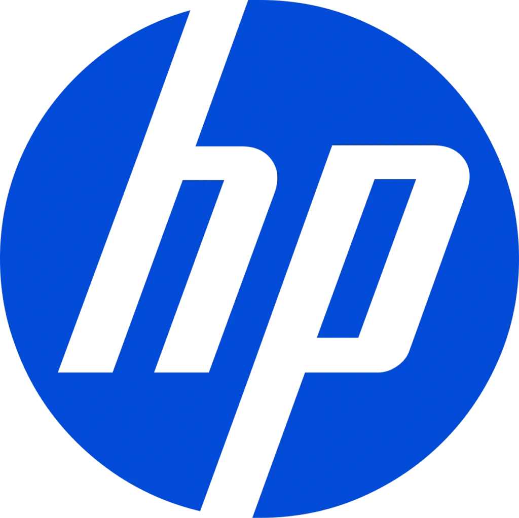 Blue circle with black "hp" logo.